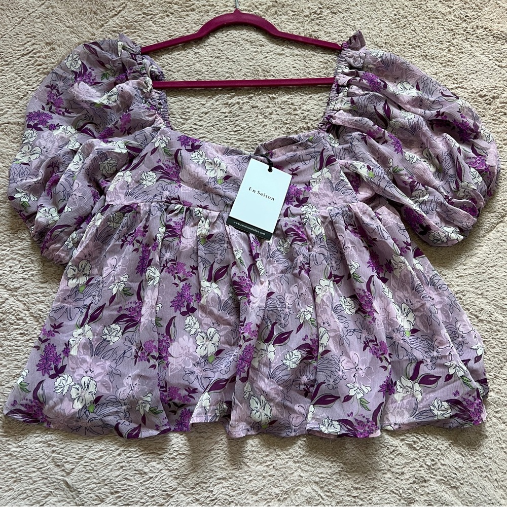 NWT‎ En Saison Puff Sleeve Purple Floral Blouse Cottage Coquette Festival Size L